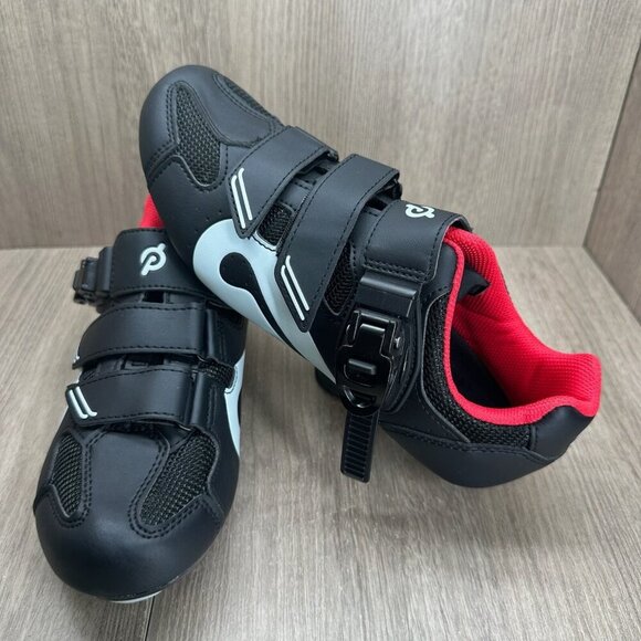 Peloton Cycling Shoes Mens Sz 6.5 Low Top Adjustable Hook & Loop Strap Black Red